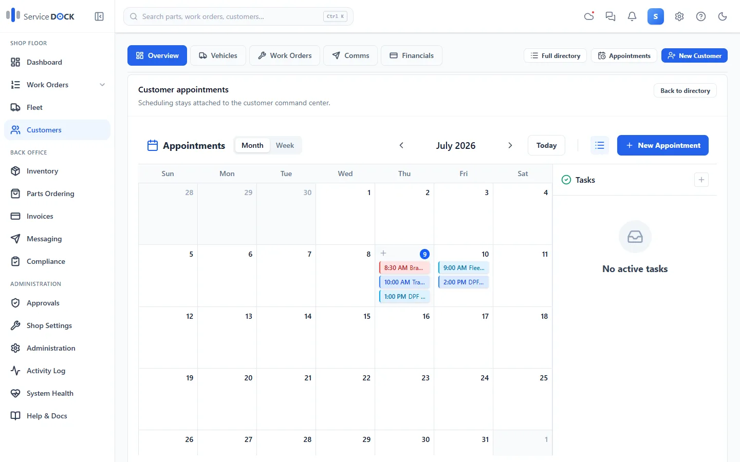 Service Dock customer appointments calendar with scheduled drop-offs