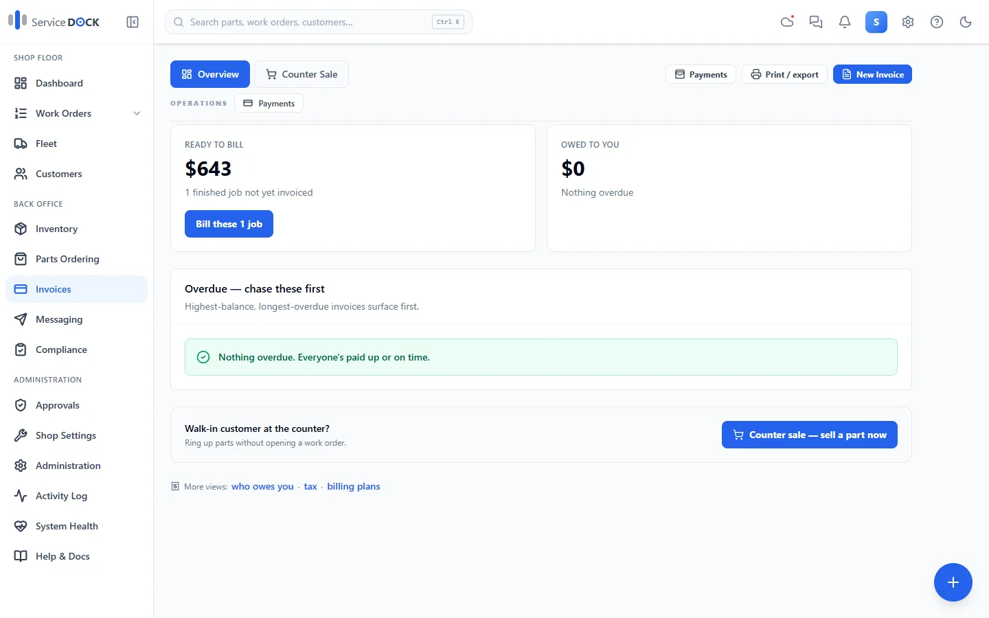 Service Dock billing overview with ready-to-bill and owed-to-you totals