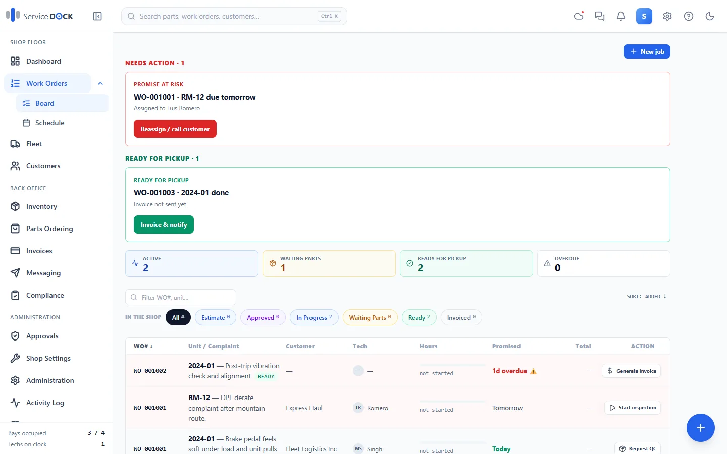 Service Dock work order board with job statuses, promise dates, and next actions